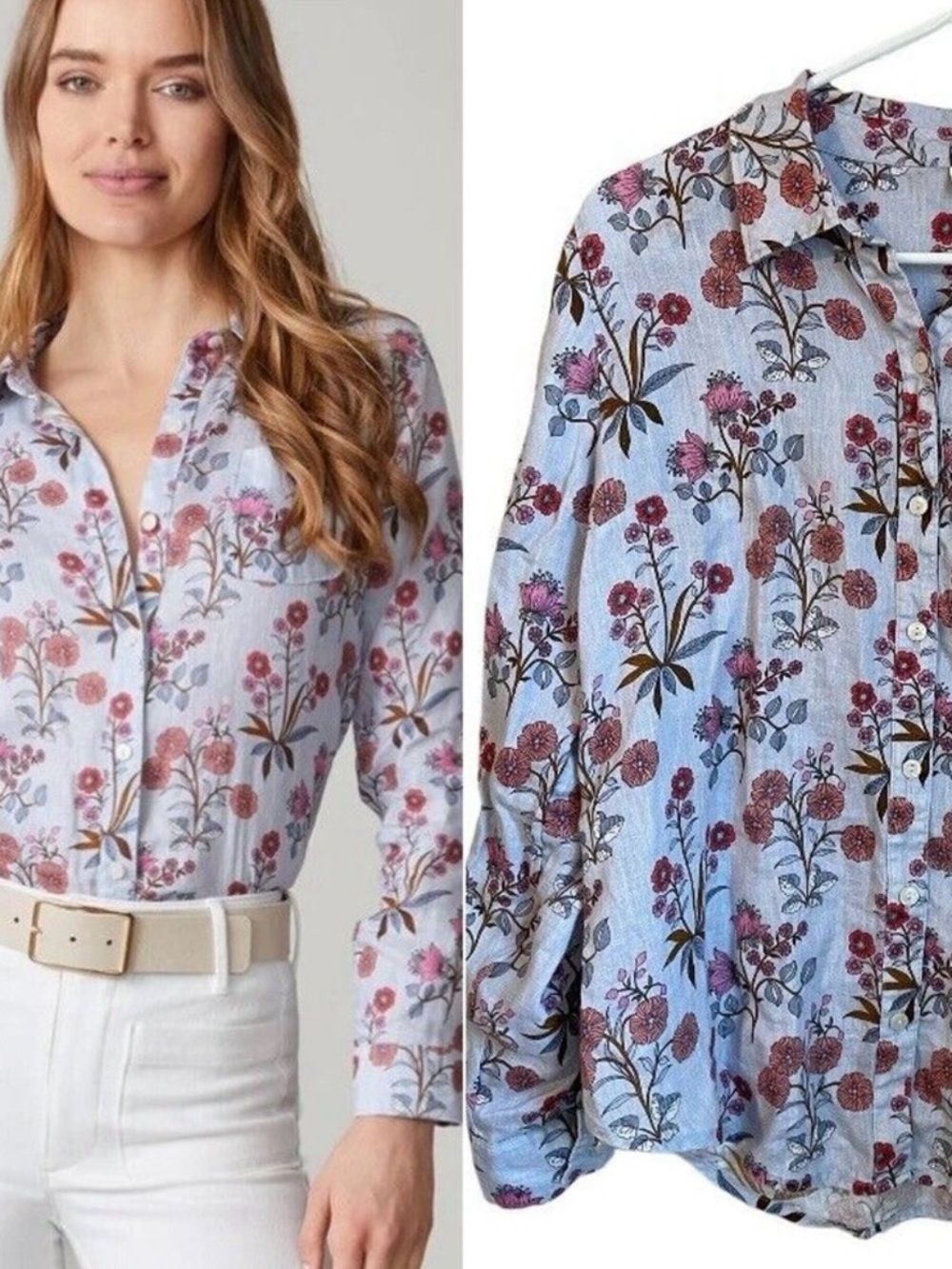 Spartina 449 Lois Linen Button Up Blue Floral Shirt Size M